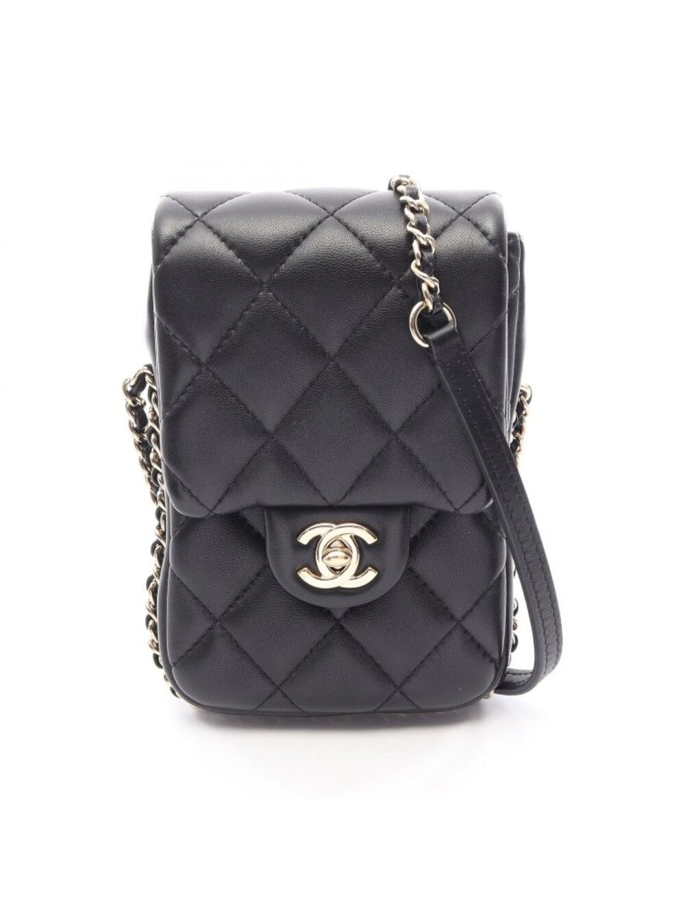 Chanel Shoulder Bag Quilted Phone Case Black Leather Chain